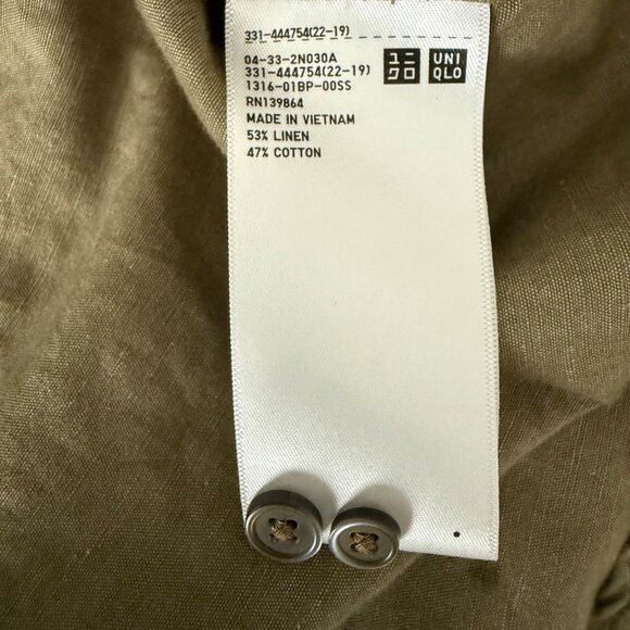 Unisex Uniqlo Olive Green Linen-Cotton Short Sleeve Button-Up Shirt Size M - Picture 4 of 9